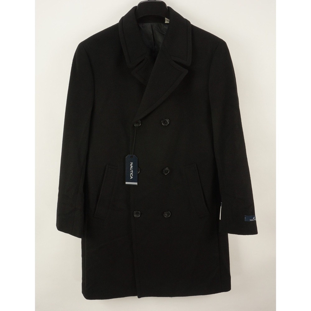 $395 Nautica Mens Classic Fit Double-Breasted Wool Overcoat Black 38R Six Button